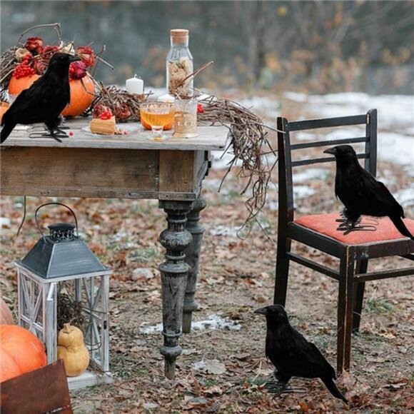 Halloween Black Feathered Crows, Lifelik Halloween Decoration Birds - Picture 3 of 7